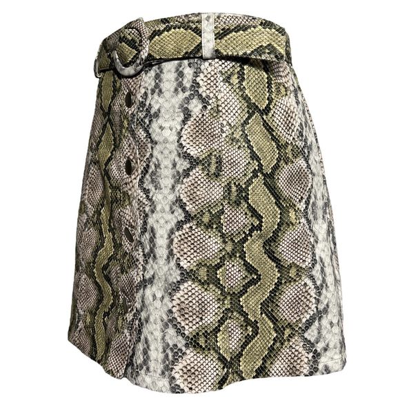 Pleather Mini Skirt Snakeskin Look Le Lis Button Front Belted Green Size Small - Picture 4 of 9